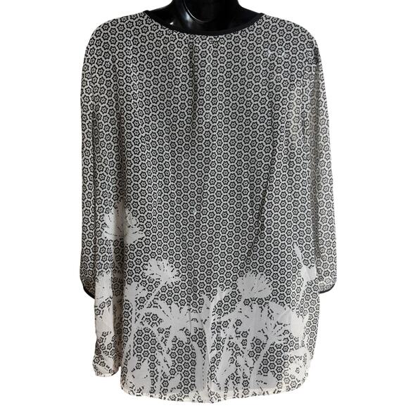 Ann Taylor Black White Floral Large Sheer Blouse Tie Neck 3/4 Keyhole Women EUC - Picture 6 of 9